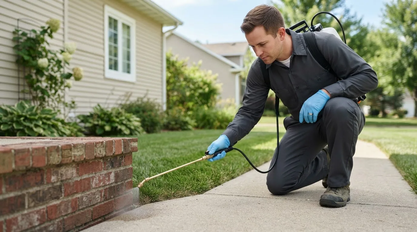 Pest control technician treating a home near Rushford, NY